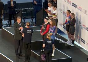 Emily and Natalie receive their medals Emily and Natalie receive their medals